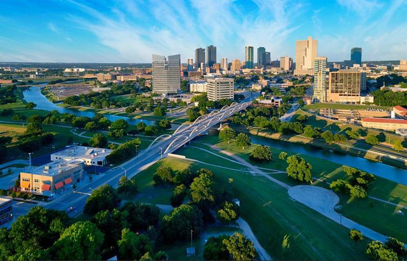 Aerial view of downtown Fort Worth along the Trinity River.